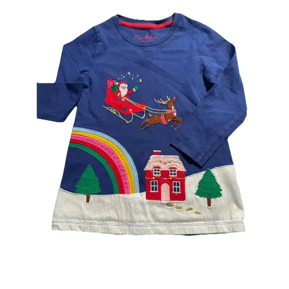 Mini Boden Girls 3-4Y Christmas Applique Dress Santa Sleigh Rainbow House